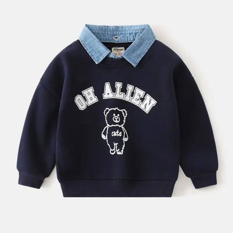 Boys Hoodie Winter Children Clothing 2 7Y Boys Fleece Sweatshirt Cartoon Bear Letter Print Denim hooded Collar Kids Casual Top Sweatshirt xy9