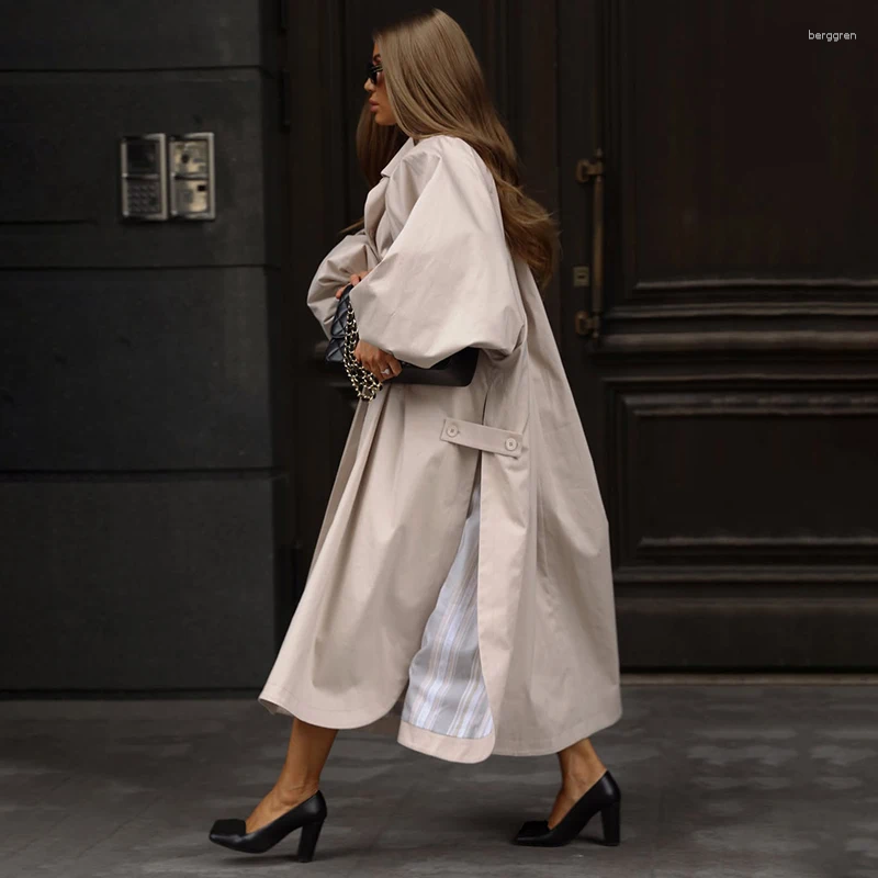Oversized Solid Wome's Long Trench Coat Sleeve Side Slit Maxi Windbreaker Lapel Single Breasted Lady Autumn Tench Coats