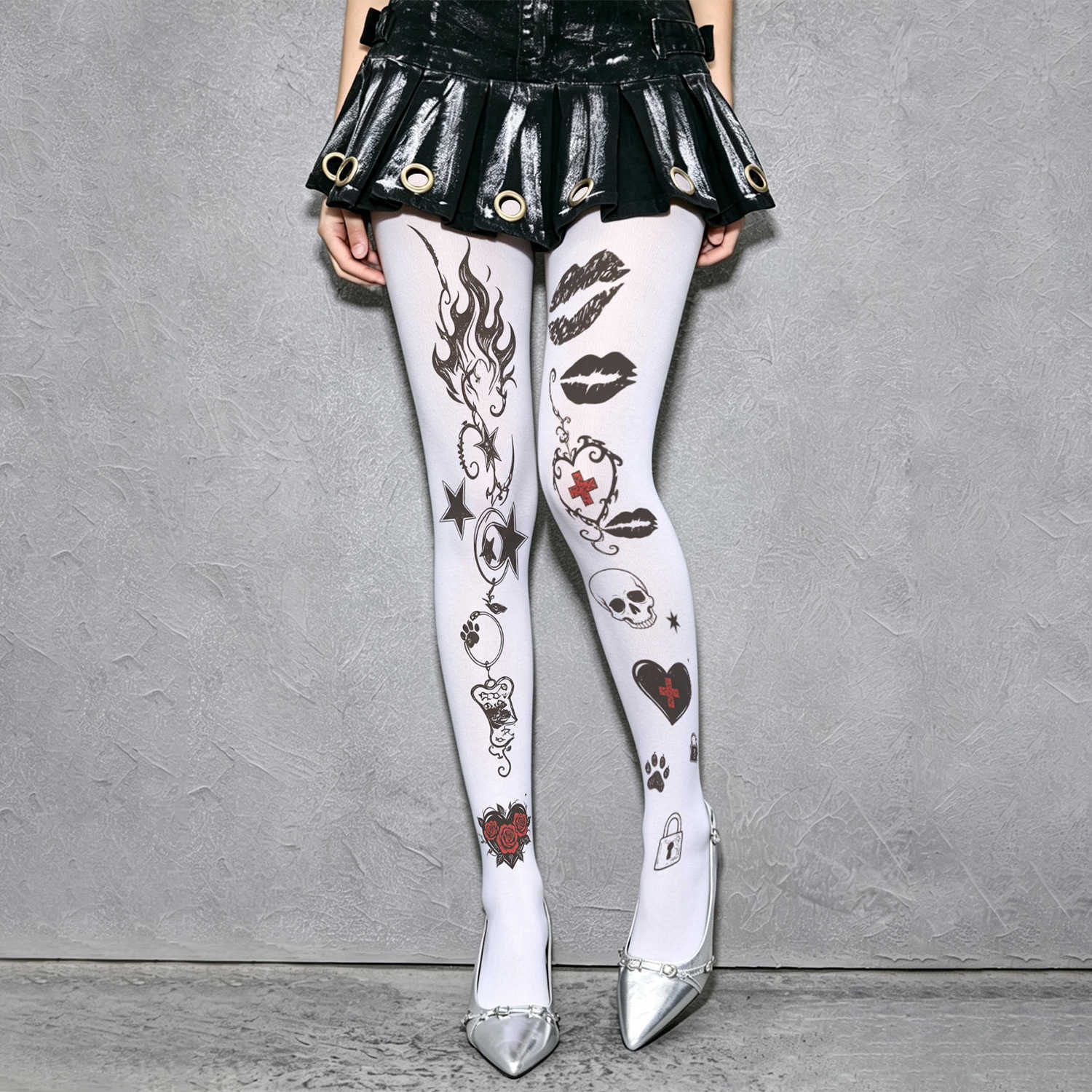 Plus-size Halloween new collection trendy sweet and cool cross and skull print white leggings T260922