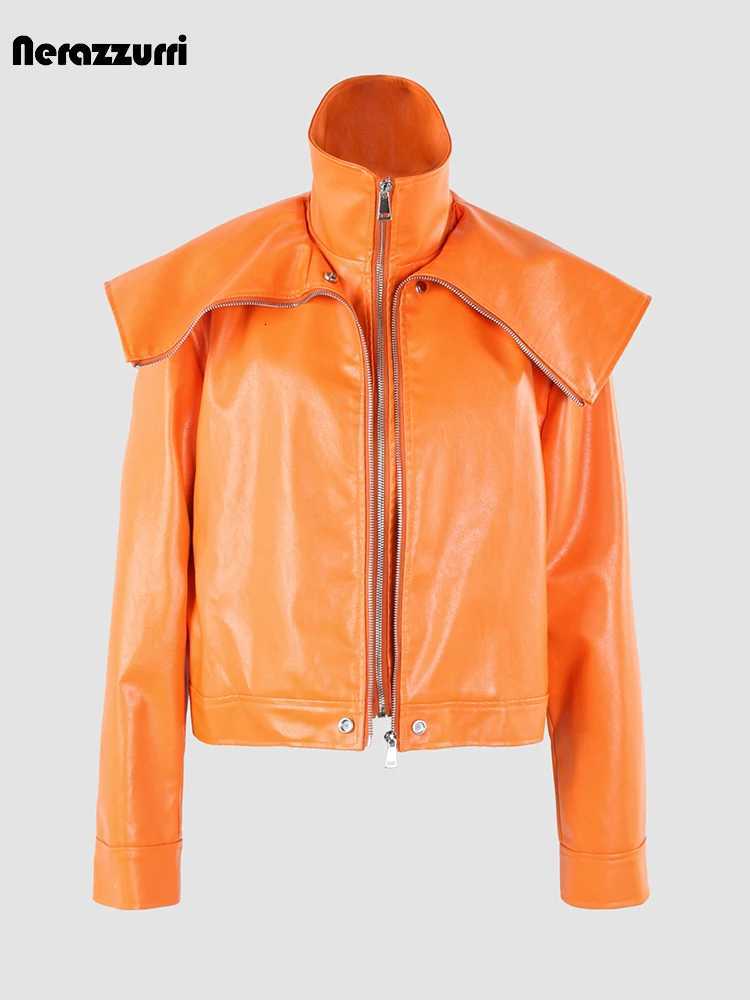 Cool Nerazzurri Autumn Handsome Short Orange Pu Leather Jacket Women Stand Collar Zip Up Black Luxury Designer Unisex Clothes C260921