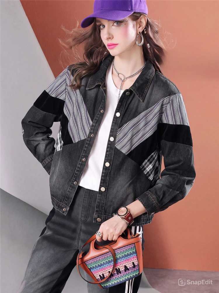 Women's Jackets Women Cropped Denim Jacket Contrast Patchwork Striped Sleeve Vintage Casual Jean Coat Button Up Streetwear Fashion Outerwear C2