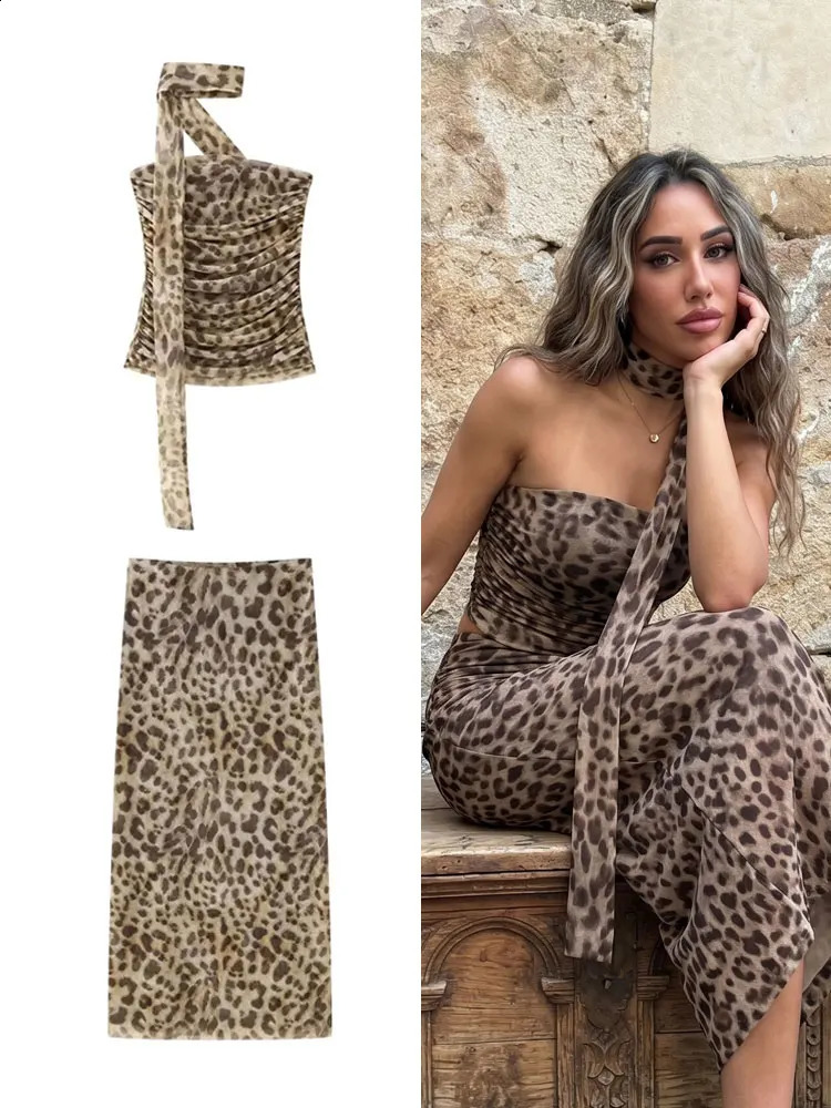 HH Women Leopard Print 2 Piece Outfit Midi Skirt Suit Sexy Summer Backless Strapless Crop Top Fashion Elegant Beach Party Sets 260921
