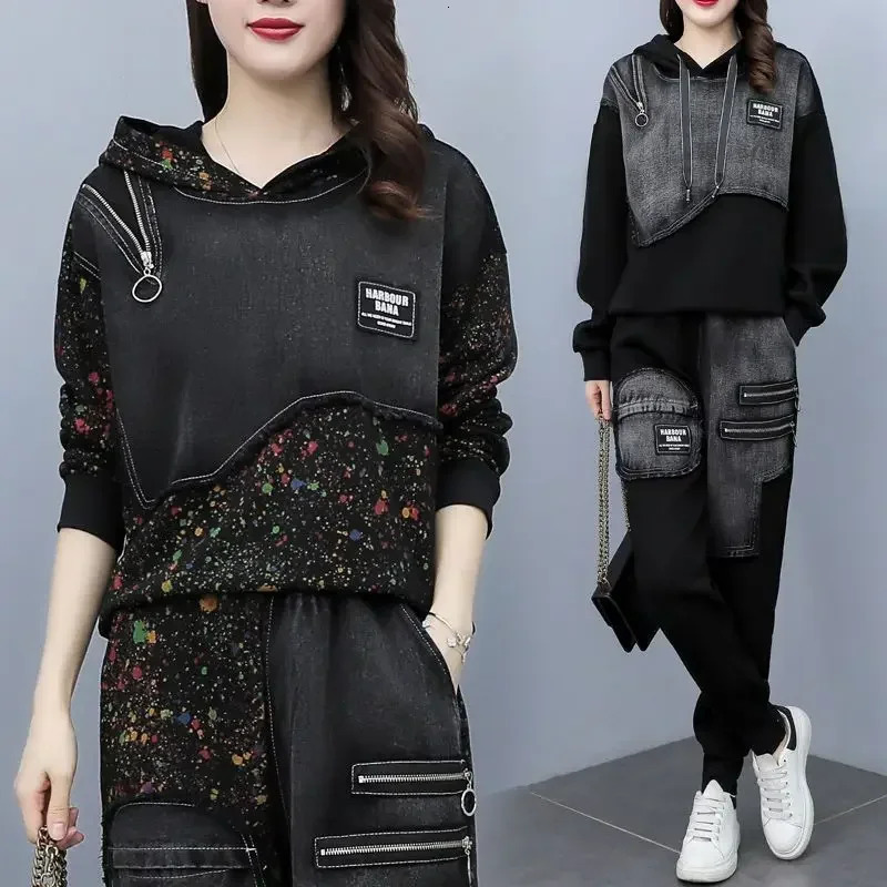 Oversize Women Two Piece Set Denim Patchwork Sets n Autumn Sports Suits Women's Pants 2 Sets Hoodie Long Sleeve Trouser 260921