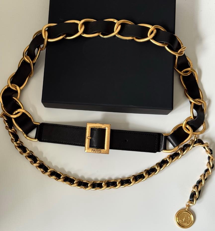 Vintage Leather woven black gold double-layer waist chain jeans dress Belt Accessories Chain length of about 80cm