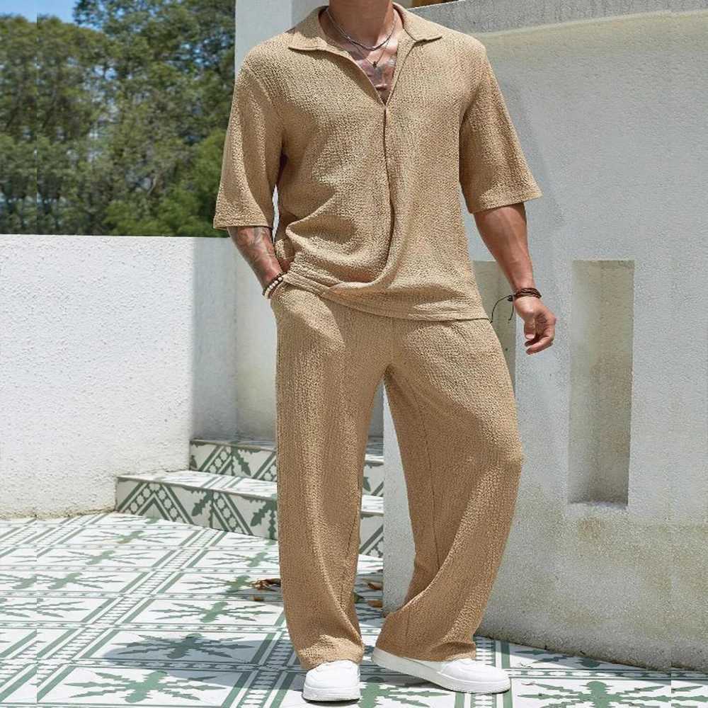Spring Men's Tracksuits New Summer Men's Retro Casual Suit Collar Solid Color Half-Sleeved Shirt Loose Drawstring Pants Two-Piece Beach Su