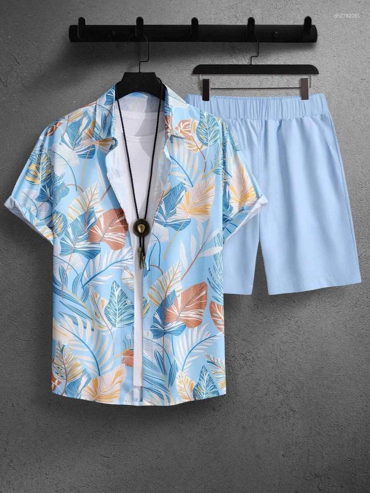 Men's Palm Leaf Print Shirt Set Stylish Casual Short-Sleeve And Shorts Fashionable Vacation Two-Piece