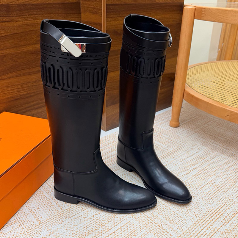 Botas de salto Premium para mujer Diseñador Made Italy Borde de cuero negro Suela de cuero natural Hebilla chapada en rutenio Botas altas Moda Botas