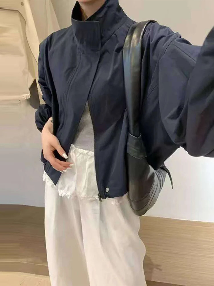 Women's Short Trench Coats Fashion Simple n Solid Stand Long Sleeve Zipper Windbreaker 2026 Autumn Casual Lady Jacket 260922