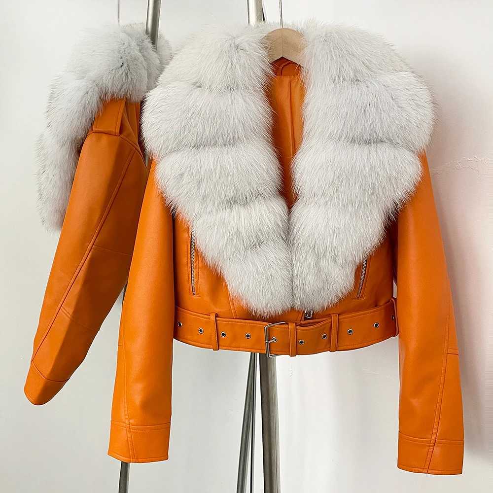 Faux Leather Elegant Jacket Female New Natural Fox Fur Autumn Short Top Clothing PU Women Long Sleeve Fake Leather Real Fur Coat C2609211