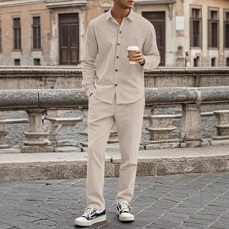 New corduroy mens autumn Relaxed Fit tracksuits casual button-down shirt long sleeved long pants set suits