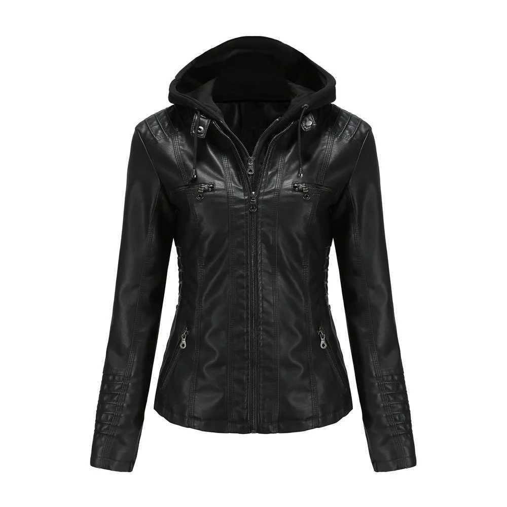 Faux Women's Leather Leather Autumn Winter Women Leather Jacket Hooded Removable PU Leather Jackets Motorcycle Long Sleeve Zipper Coat Black Ou