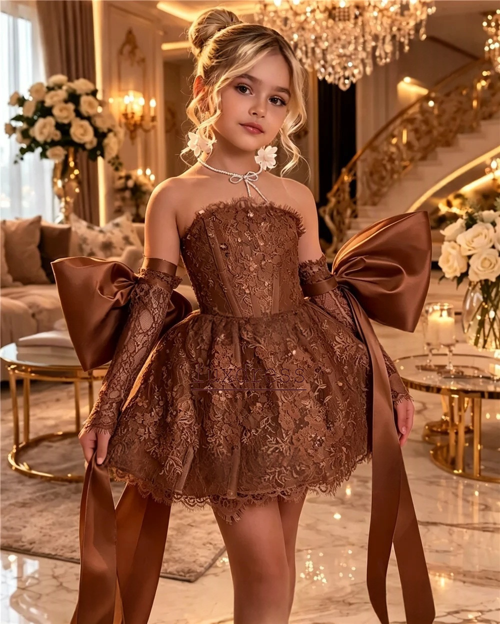 Custom Luxury Flower Girl Dress Mini Short Sheath Halter Neck Lace Appliqued With Big Bow Kids Formal Wedding Birthday Party Pageant Catwalk Gowns