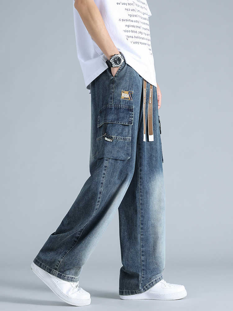 Summer Men's Jeans Men's Straight Jeans Multi-Pockets Wide Leg Denim Cargo Pants 8XL 7XL 6XL Big Size Lightweight Baggy Jeans Trousers T26