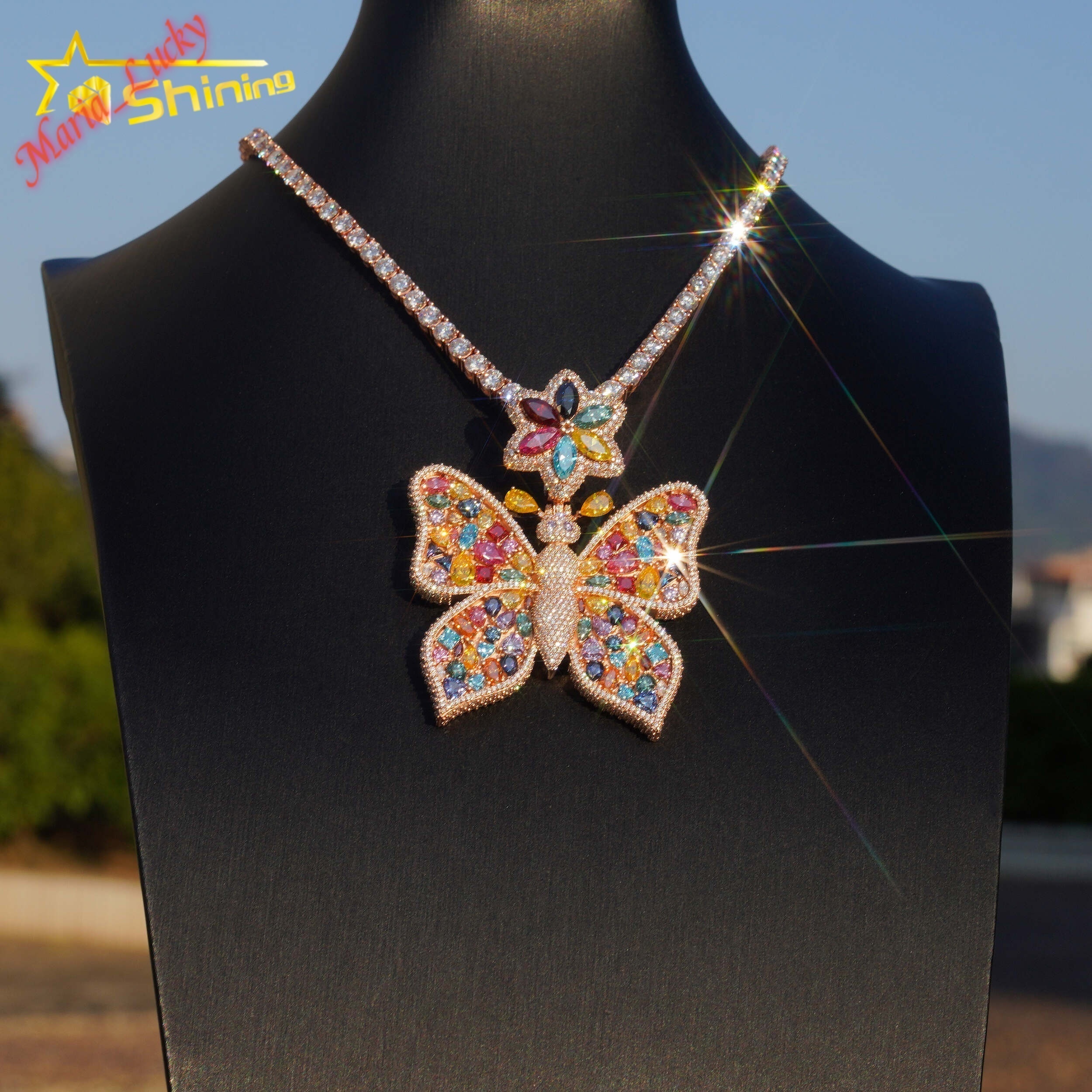 GRA Past Test Top Quality Hip Hop Rapper 925 Sterling Silver Colorful Butterfly Iced Out Moissanite Pendant Statement Sparkling Butterfly Charm Fash