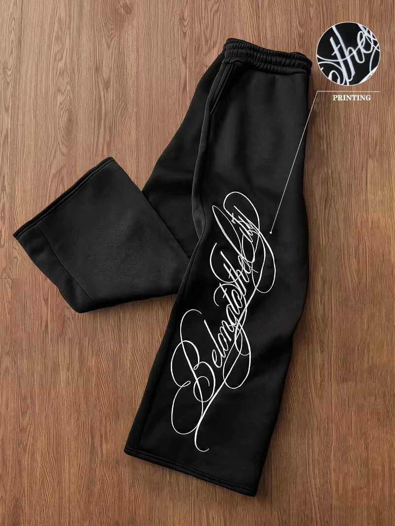 2026 New Fashion Trends Men's Black Letter-printed Trousers Pure Cotton Straight-leg Pants Casual Elastic Waist Jogger Pants Q260922