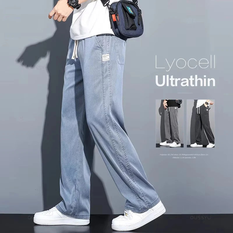 Summer Soft Lyocell Fabric Men's Jeans Thin Loose Straight Pants Drawstring Elastic Waist Korea Casual Trousers Plus Size M-5XL 260922