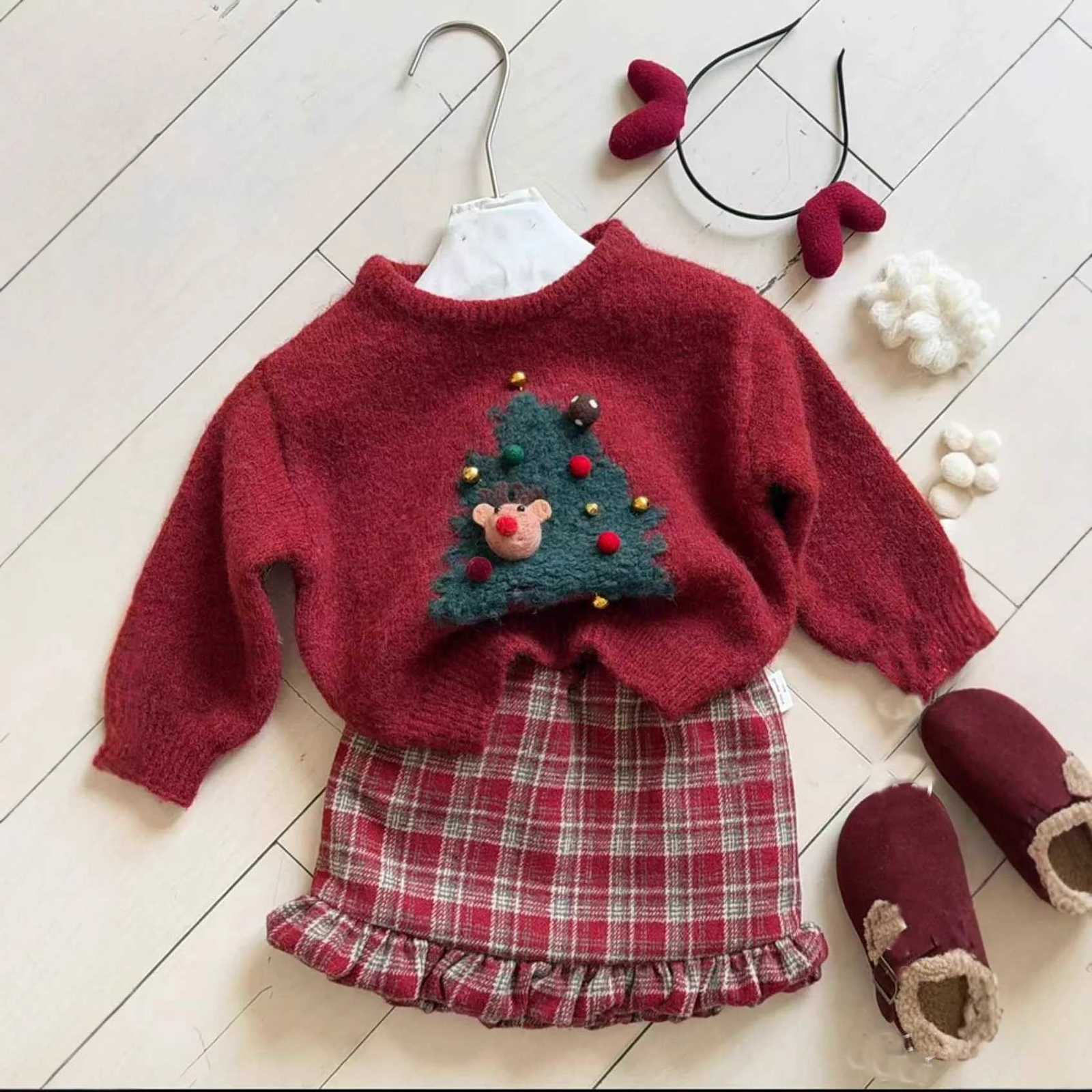 Winter Pullover Girls Sweater 2025 Children Hoodie Thickened Christmas and New Year Red Sweater Baby Checkered Half Skirt C260921