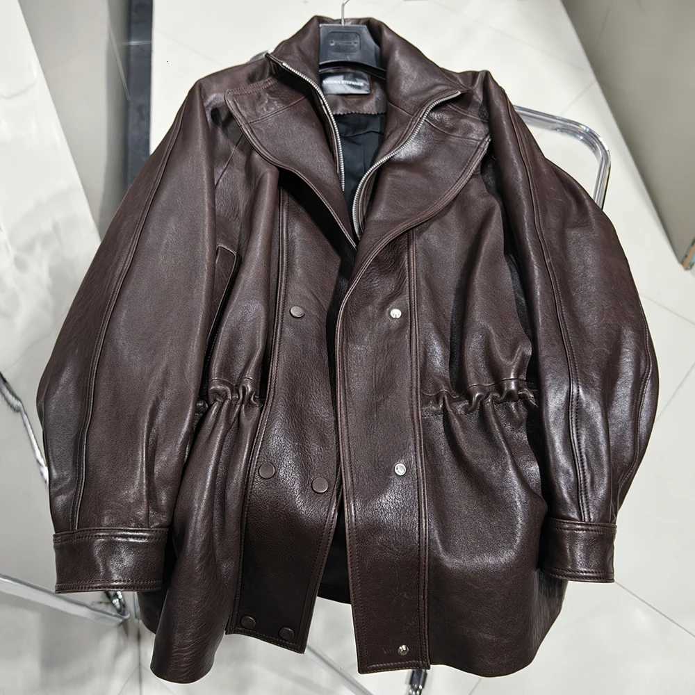 Sheepskin Leather Genuine Jacket for Women Vintage Oversized Loose Fit Drawstring Waist Outwear C260921