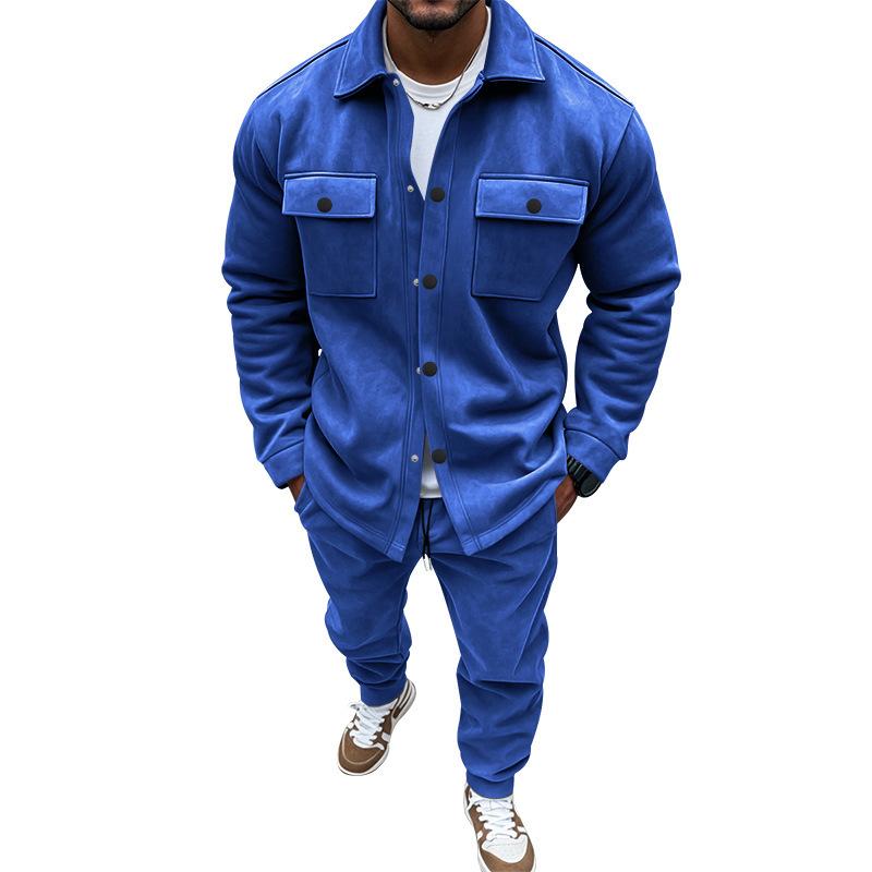 Survêtement décontracté deux pièces pour hommes, texture en daim, chemise boutonnée, veste, pantalon à cordon élastique avec poches latérales, en