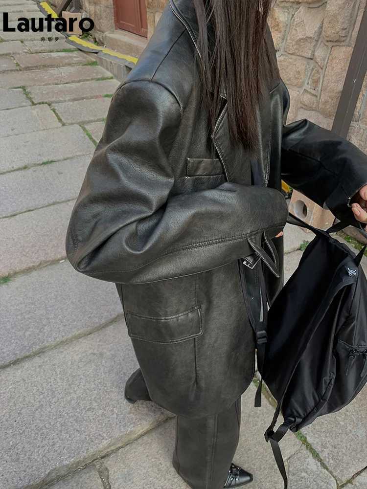 Spring Autumn Lautaro Cool Retro Soft Distressed Pu Leather Blazer Jacket Women Single Breasted Loose Casual Korean Fashion 2024 C260921