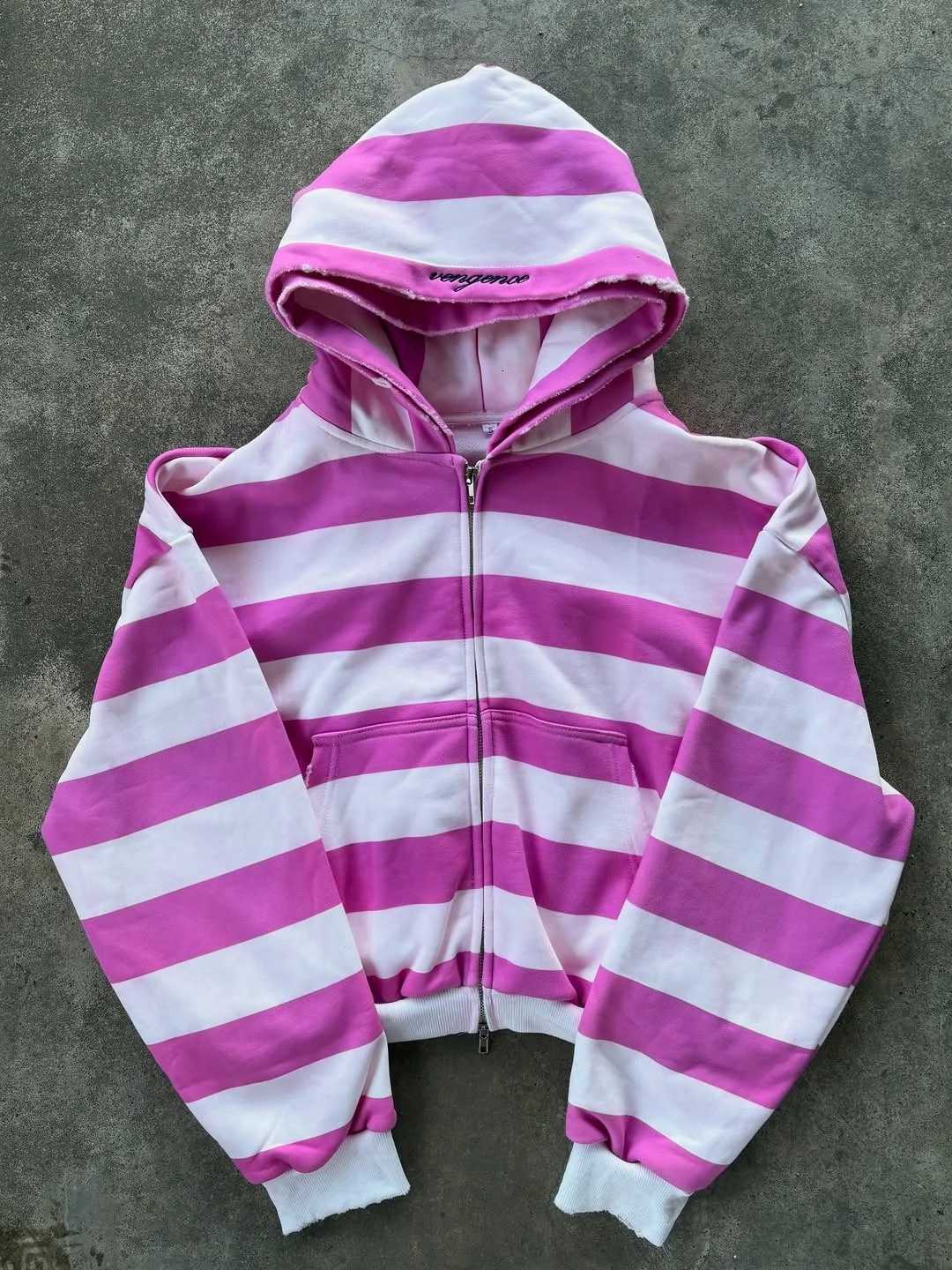 Men's Hoodies Sweatshirts Y2K Pink and White Striped Zipper Hooded Sweater Unisex Retro Hooded Coat Loose Pocket Casual Street Sports Style J26