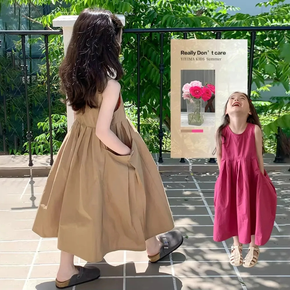 2026 Summer Children Girls Sleeveless Dress Teen Solid Color Cotton Loose Casual Sundress Kids Vacation Style Princess 260901