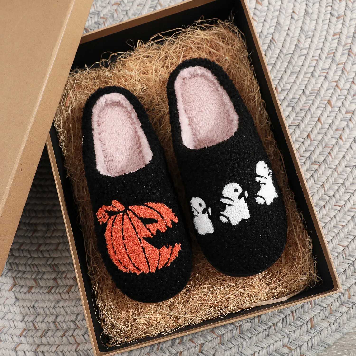 SHAJI Unisex Halloween Cartoon Ghost Pumpkin Spider Plush Cotton Slippers Autumn Winter Lightweight Non Slip Plus Size Indoor T260922