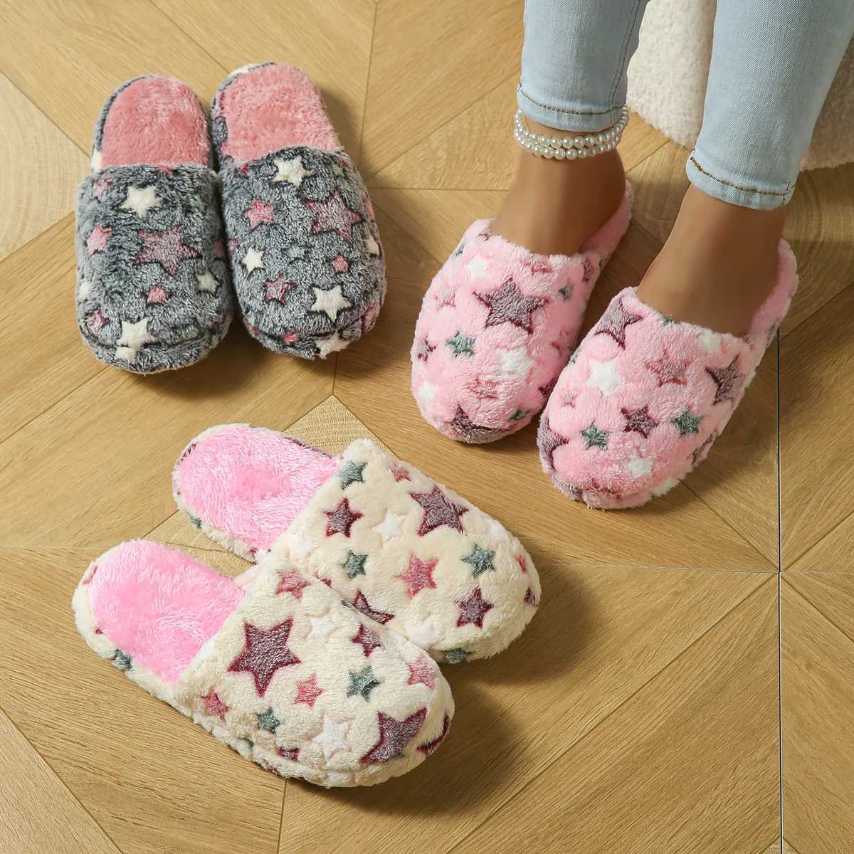 Women Lovely Heart Warm Slippers Winter Men Five-pointed Star Plus Couple Soft Non-slip Home Slides House Cotton Shoes T260922