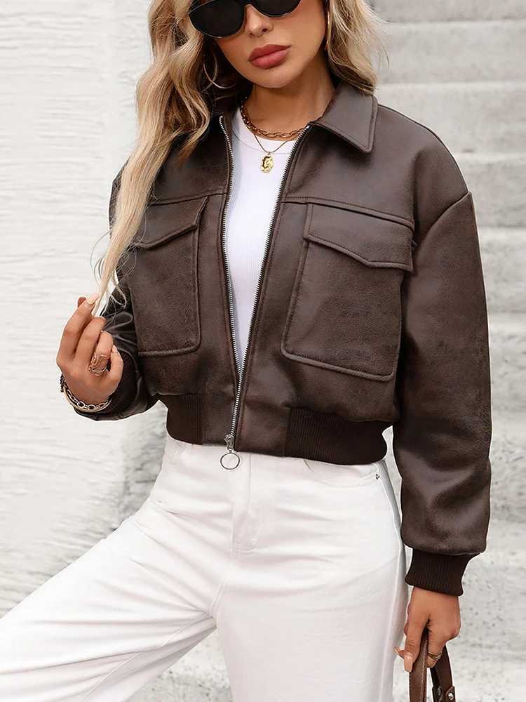 New Women Ailegogo Vintage Short Faux Leather Jacket Zipper Pocket Turn-down Collar Elastic Hem Coat Outwear C260921