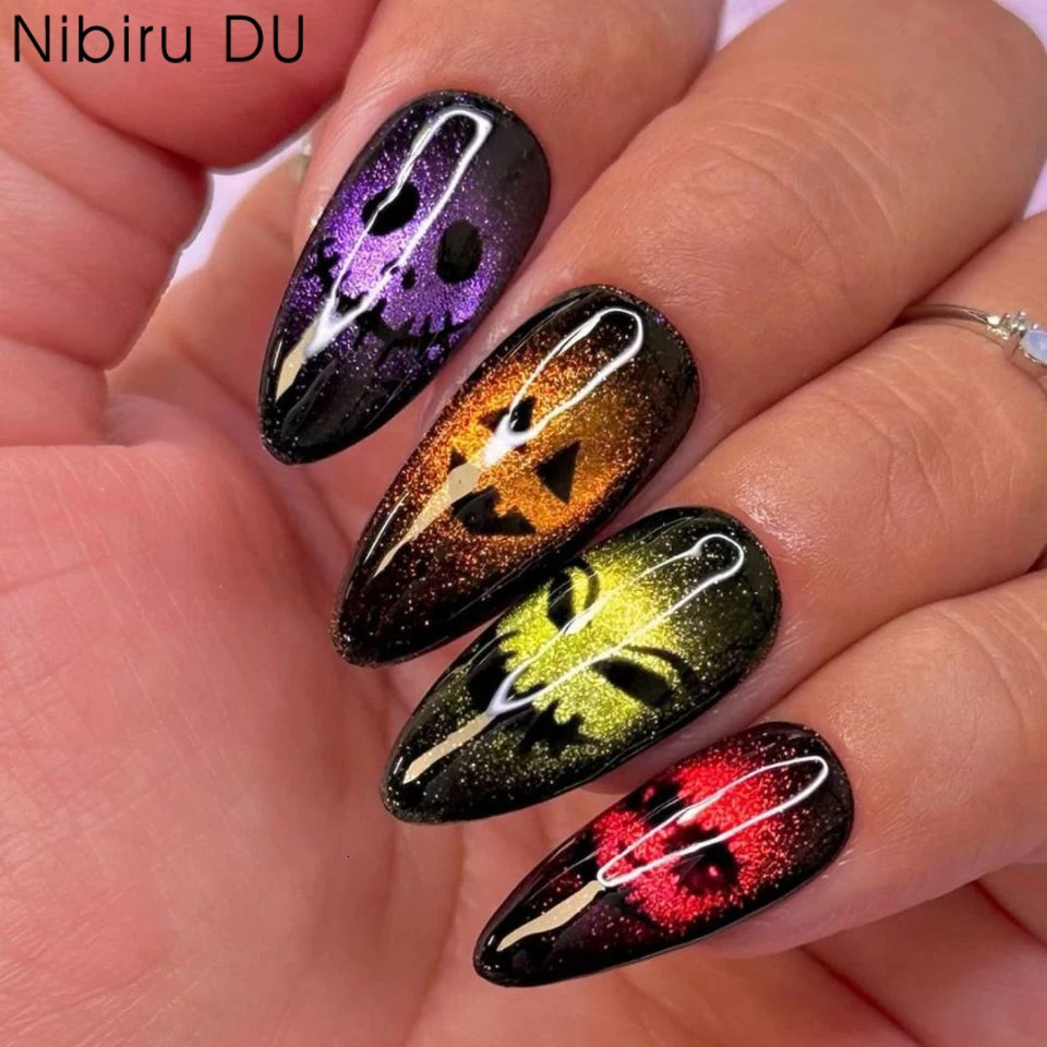 24pcs Halloween 3D Cat Eye Fake Nails Patch Scary Green Almond Shape Bat Ghost Skull Wearable False Nail Tips Manicure Sets 260922