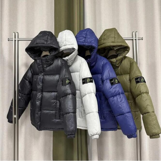 Men's Hooded Puffer Jacket Compass Patch Contrast Zip Pockets Relaxed Fit Windproof Warm Winter STONE Coat For Men And Women Down jacket Clothe