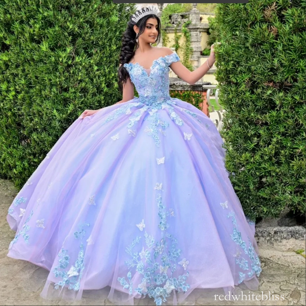 Princess Lilac Ball Gown Quinceanera Dresses Off Shoulder 3D Butterfly Lace Appliqued Long Girls Sweet 16 Birthday Party Gowns Vestidos De 15 Anos X