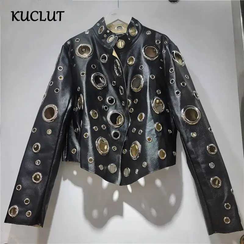 Faux Women's Leather Leather KUCLUT 2026 Early Autumn Metal Ring Contrast Color Hollow-out Short PU Leather Jacket For Women Street Stand-up Co