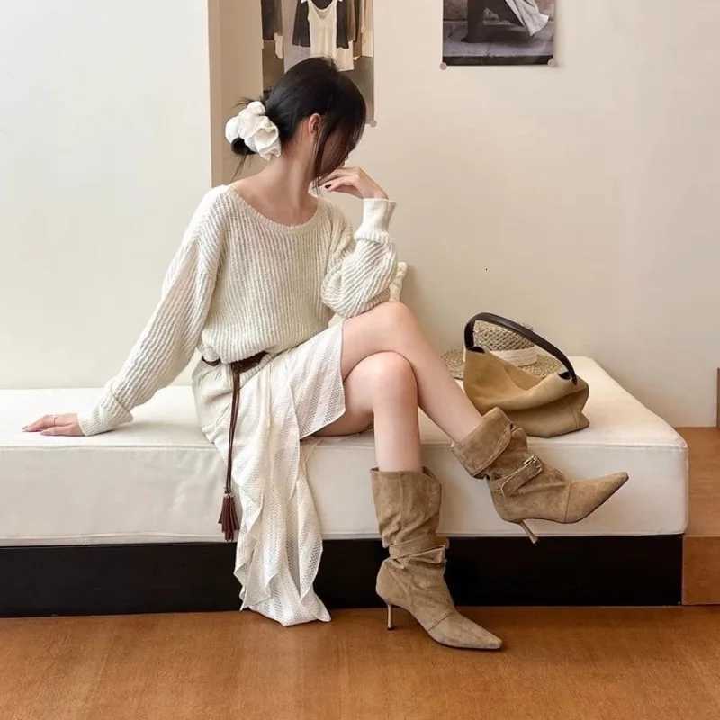 Designer Pointed Boots Toe Designer Belt Buckle Ankle Boots with Mid-calf Length 2026 Autumn-winter New Style Suede Upper Small High Heels 9 J260922
