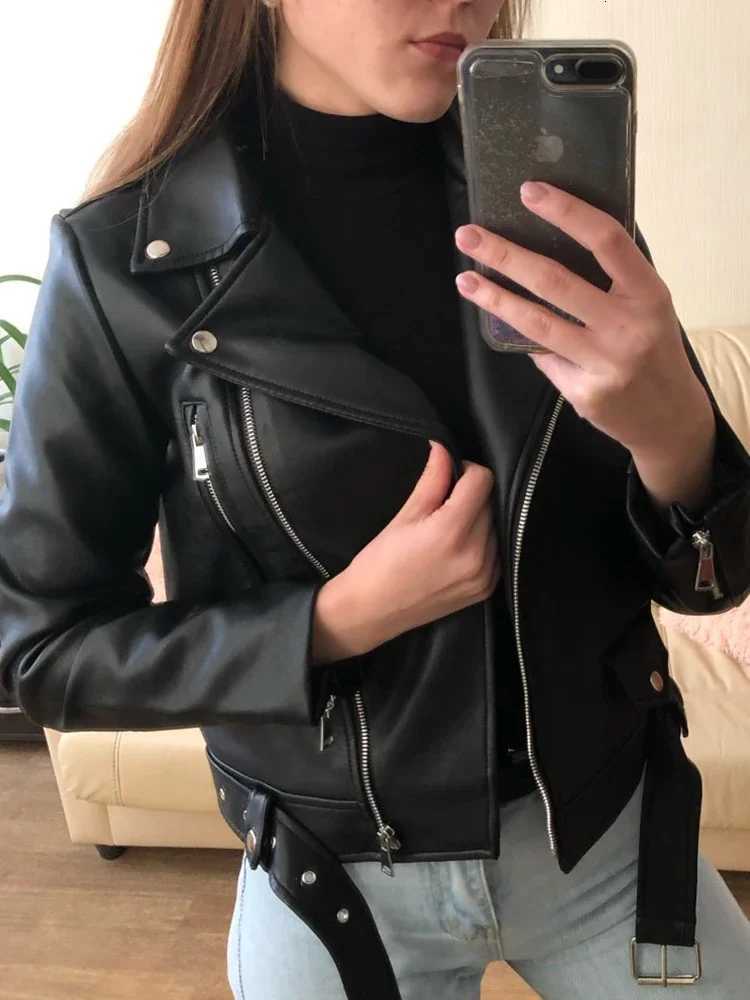 Leather Faux Women's Leather Spring Autumn Women Moto Biker Black Pu Fuax Leather Jacket Streetwear Female Belt Zipper Slim Fit Short Coat Outw