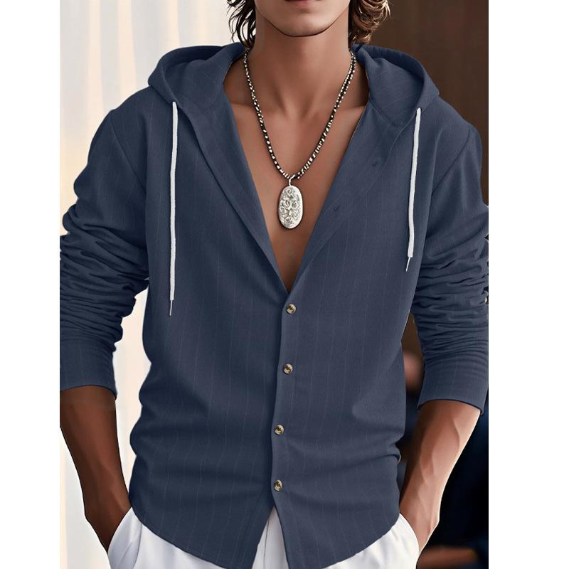 Men Striped Button Down Hooded Tops Long Sleeve Drawstring Hoodie Shirt Lightweight Breathable Casual Vacation Daily Streetwear Shirts For Men