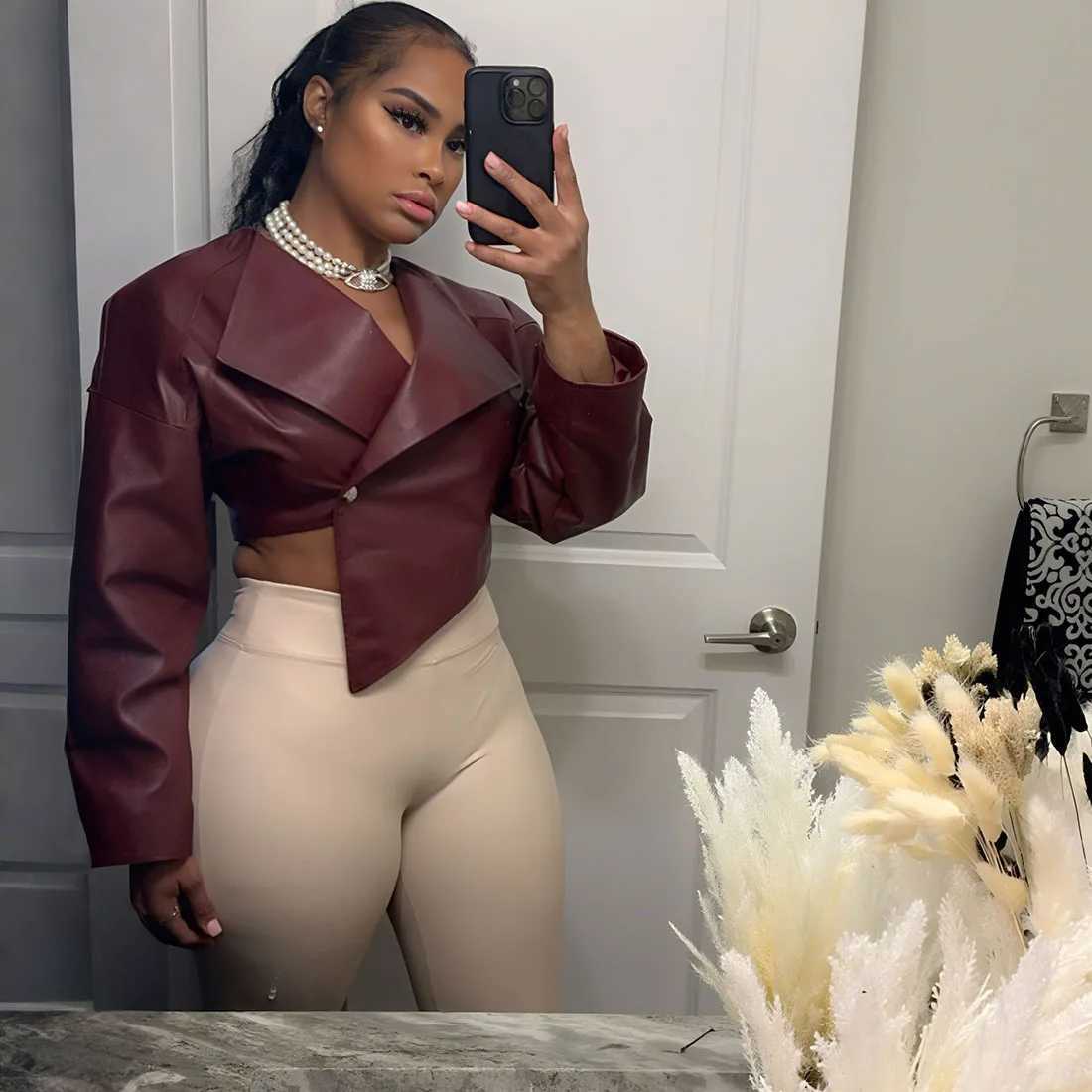 PU Leather Casual Women's Jacket Belted Waist Bared Belly Pure Color Autumn New Style Fashionable Outerwear for Ladies C260921