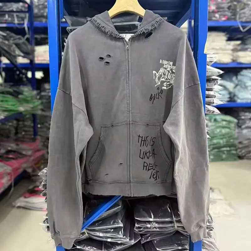Men's Hoodies Sweatshirts Washed Black Grey High Street PALY Hoodies Men Woman Fashion Autumn Winter Damaged Hole Old Sweatshirts Hooded Pullov