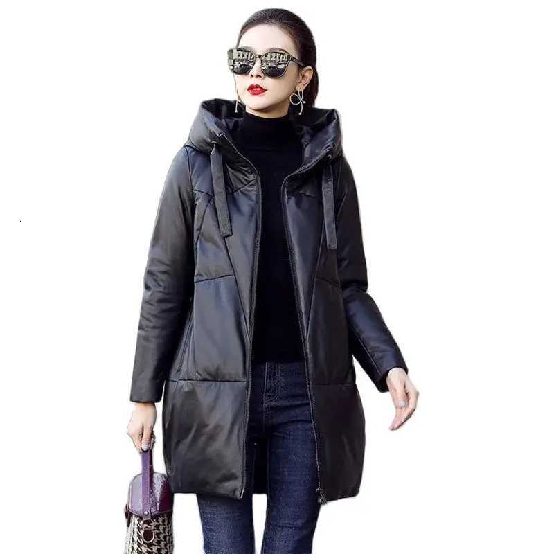 Leather Faux Women's Leather Thicken Snow Parkas Winter Women's Warm Hooded PU Leather Jacket Black Loose Long Coat Windproof Female Cotto
