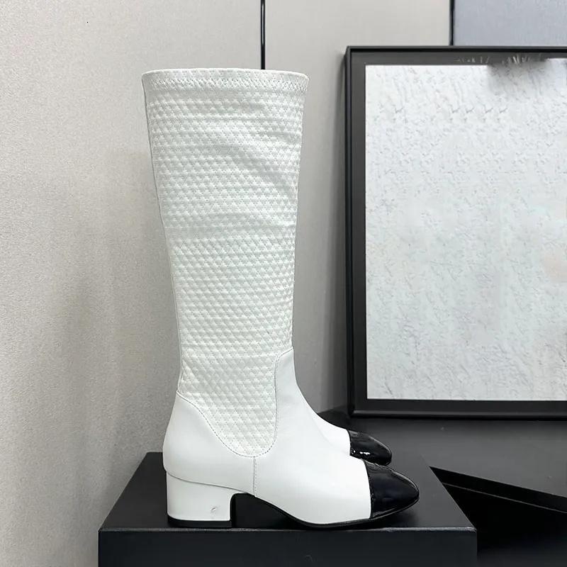 Knee High Leather Boots Women Luxury Designer Square Toe Block Heel Fashion Classic Winter Beige Black Quilted Dress Elegant Party Walking Outdoor P