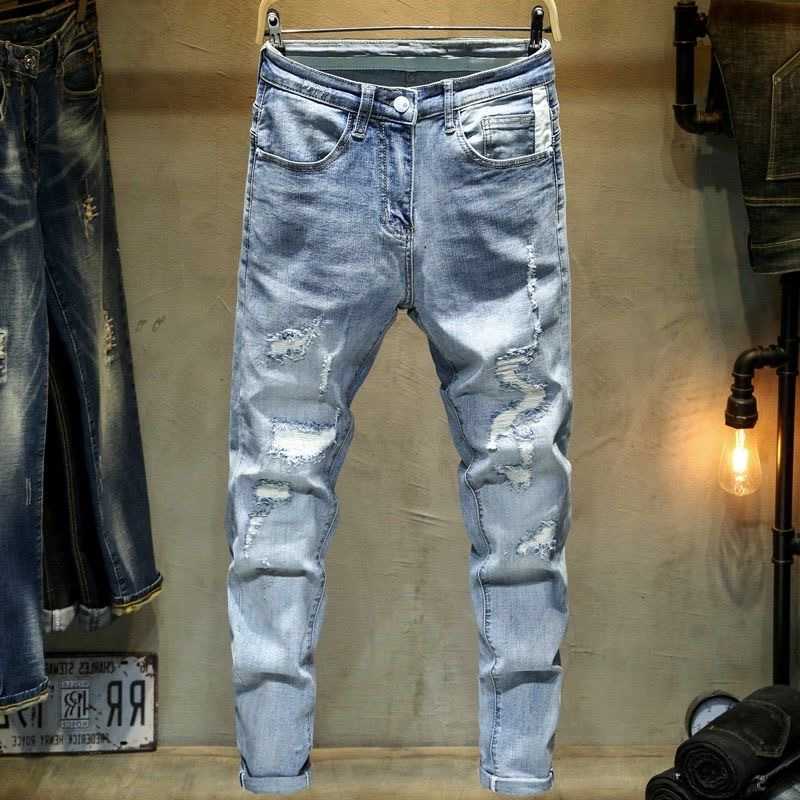 Jeans Spring Men's and Autumn New Fashion Trend Solid Color Perforated Straight Leg Elastic Jeans Men's Casual Sports High-Quality Jeans T
