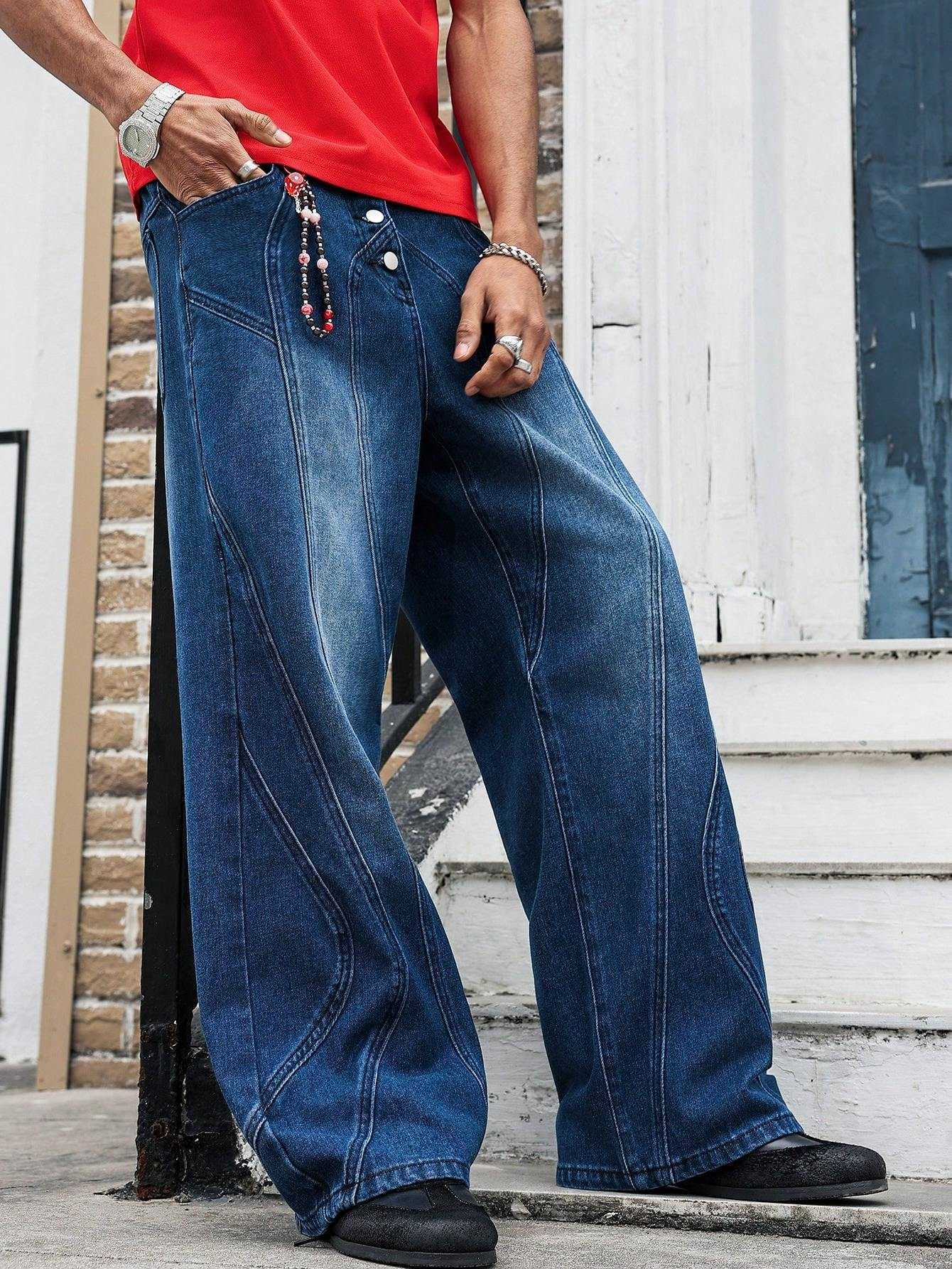 Men's Men's Jeans Deconstructed Seam Wide Leg Jeans Vintage Dark Blue Washed Baggy Denim Pants Streetwear Y2K Loose Floor-Length Trousers