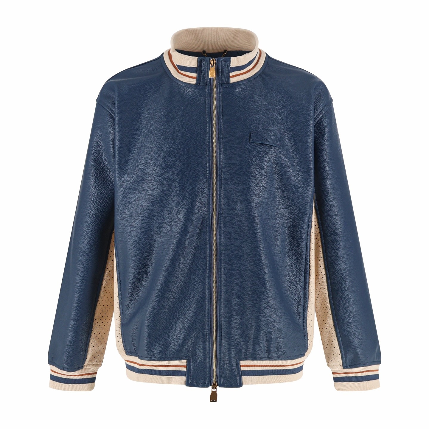 2026 Fall Mens Top Jacket Designer Luxury Leather Varsity Jacket Men Pebble Grain Leather Spliced Perforated Sleeve Striped Rib Collar Zipper Baseba