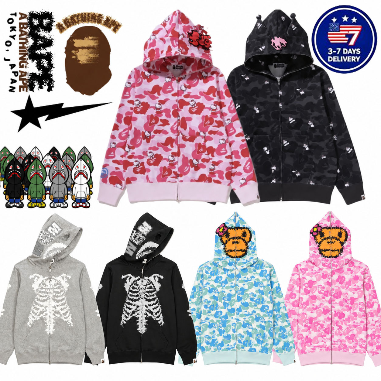 BA Shark Hoodies Mens Designer Hoodies Baphoodie Jacket Full Zip Up Cartoon Jackets Men Women Hoodie High Quality Sweetwear Camouflage Pattern Hoodi