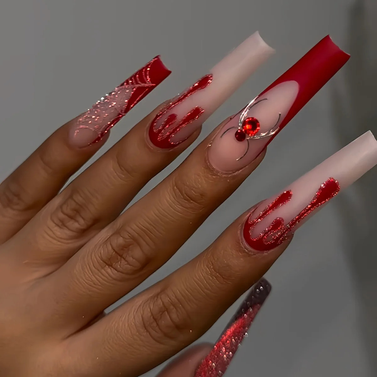 24pcs Long Ballet French Press on Nails Halloween Glitter Red Crystal Spider Fake Nails Wearable European False Nails 260922