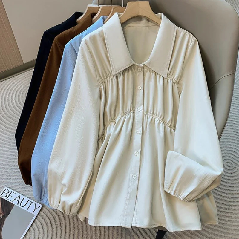 Korean Style Formal Shirts 2026 Large Size Blouses Long Sleeve Loose Turn-down Collar Button Woman Ball Gown Plus Size Blouse 260921