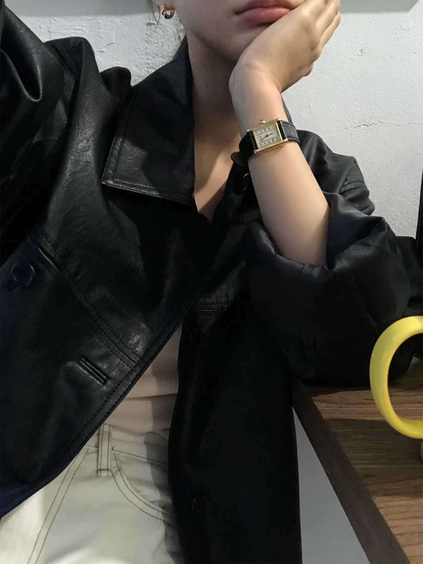 Black PU Loose Leather Jacket Women's Medium-Length Outerwear Autumn Korean Style High-End Feel Small Jacket Top C260921