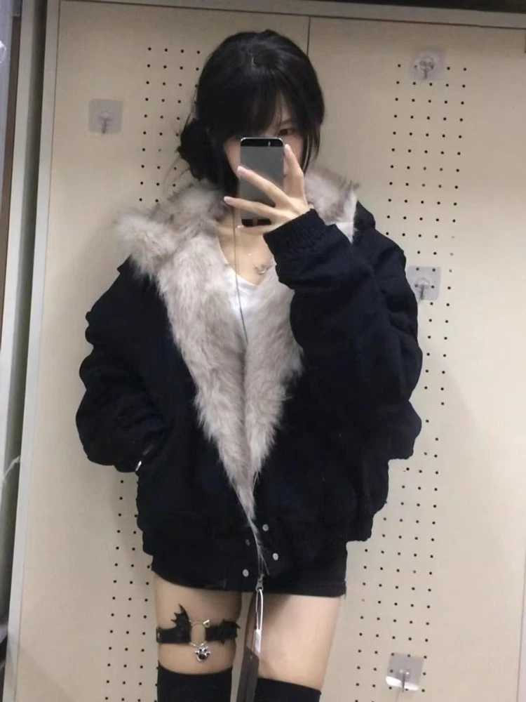 Women's Jackets Winter New Elegant Liner Fur Loose Coat Women Y2k Fur Collar Hood Thick Fashion Parkas Casual Outerwear Cotton Padded Jackets C