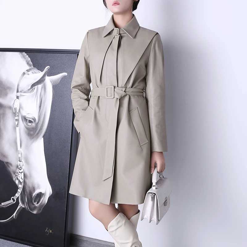 Gray Leather Sand Jacket For Women 2025 Fall Winter New Fashion Pointed Collar Waist Belt Midi Windbreaker Mujer Outwear Coat C260921
