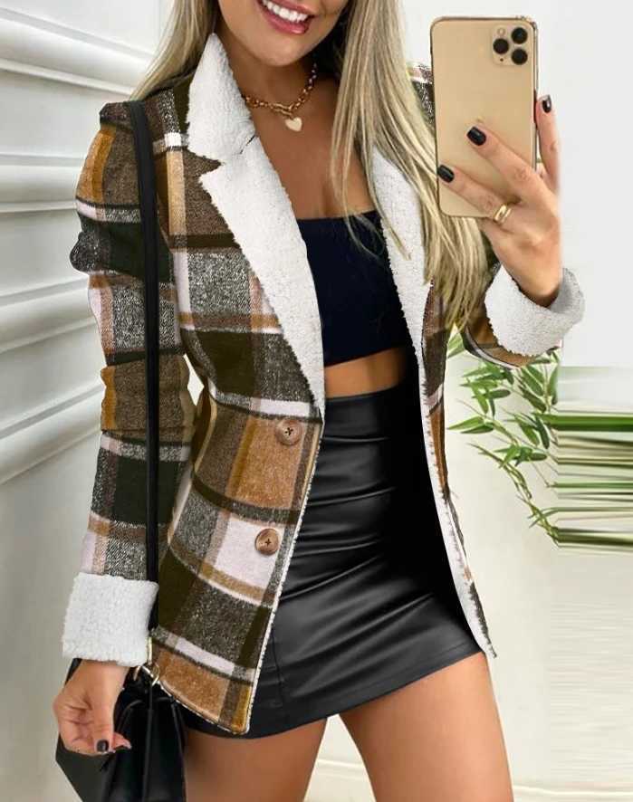Women's Jackets Women's Jacket 2024 Autumn Fashion Plaid Pattern Notched Collar Long Sleeve Blazer Button Front Fleece Lined Daily Casual